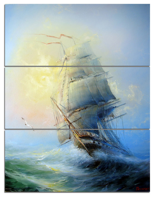 Large Sailing Boat Painting Metal Wall Art 3 Panels 28 X36 Beach Style By Designart - Large Metal Ship Wall Art Large Sailing Boat Painting Metal Wall Art 3 Panels 28 X36 Beach Style By Designart - Large Metal Ship Wall Art