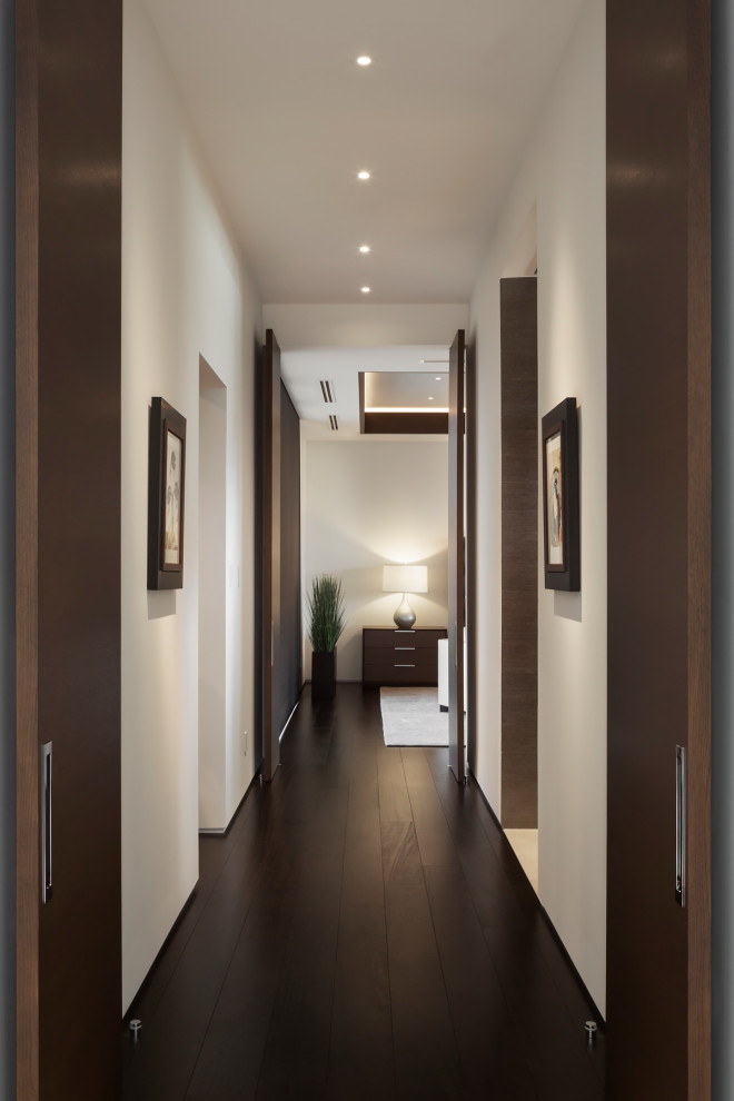 Expansive modern hallway in Phoenix with white walls, dark hardwood floors, brown floor and coffered.