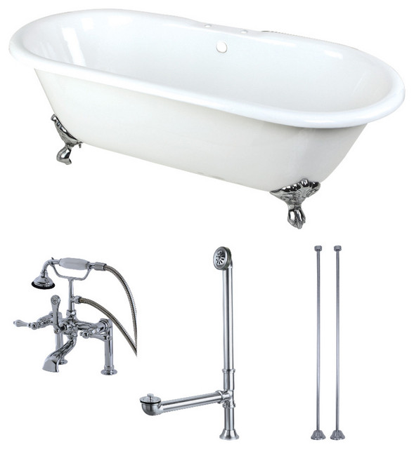 66" Double Ended Clawfoot Tub Combo,Faucet & Supply Lines, White/Polished Chrome