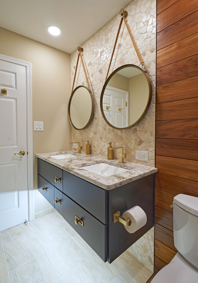 This is an example of a mid-sized contemporary kids bathroom in Philadelphia with flat-panel cabinets, an alcove shower, beige tile, porcelain tile, beige walls, porcelain floors, an undermount sink, engineered quartz benchtops, beige floor, beige benchtops, a double vanity, a floating vanity, grey cabinets and wood walls.