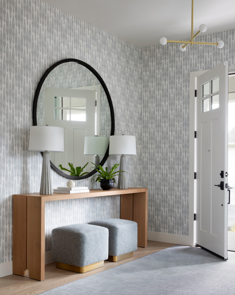 Sonoma Vacation Home - Foyer - mid-sized transitional wallpaper foyer idea in San Francisco with a white front door