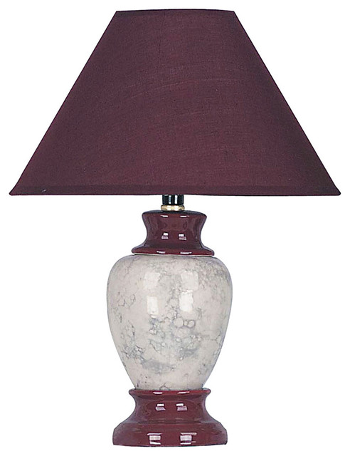 13" Tall Ceramic Table Lamp, Urn-Shaped with Burgundy finish, Linen Shade