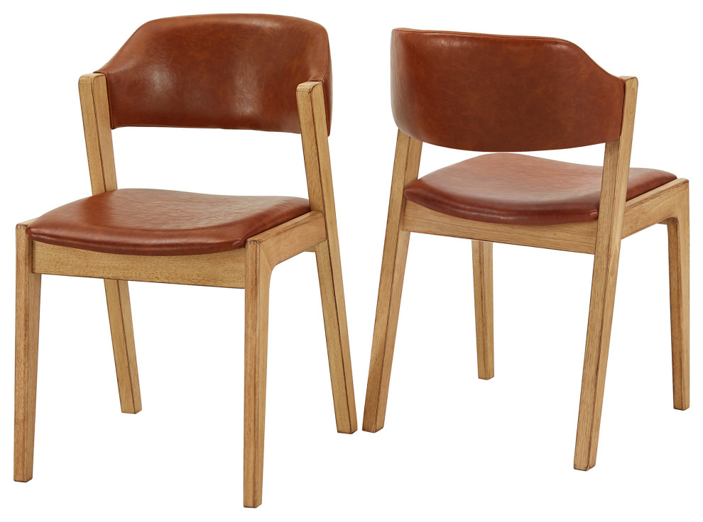 Roros Modern Scandinavian Light Oak Finish Caramel Faux Leather Dining