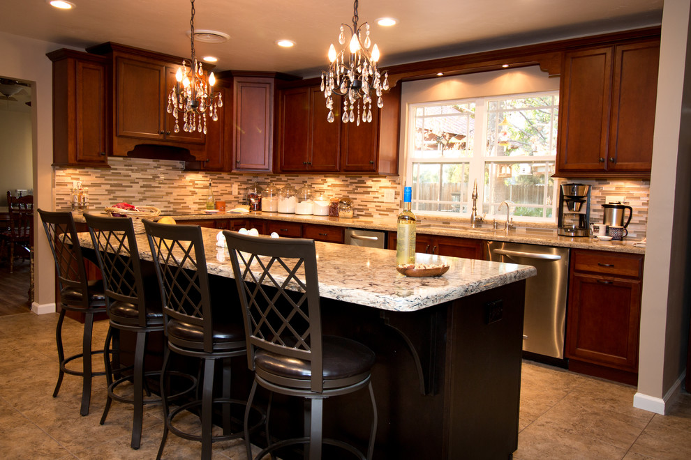Kitchen - large transitional u-shaped porcelain tile kitchen idea with an undermount sink, flat-panel cabinets, medium tone wood cabinets, quartz countertops, beige backsplash, mosaic tile backsplash, stainless steel appliances and an island