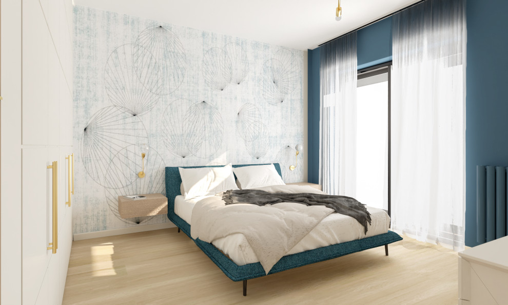 Medium sized contemporary master bedroom in Other with multi-coloured walls, brown floors and wallpapered walls.