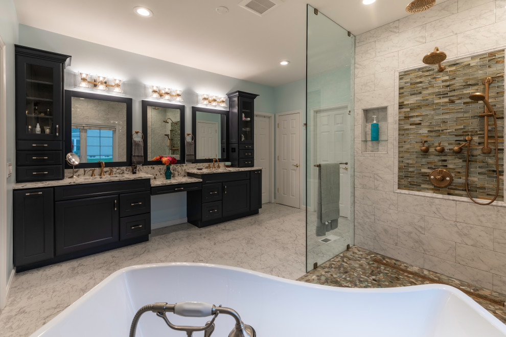 Large trendy master blue tile gray floor and double-sink bathroom photo in DC Metro with recessed-panel cabinets, blue cabinets, a one-piece toilet, blue walls, an undermount sink, quartzite countertops, gray countertops and a built-in vanity