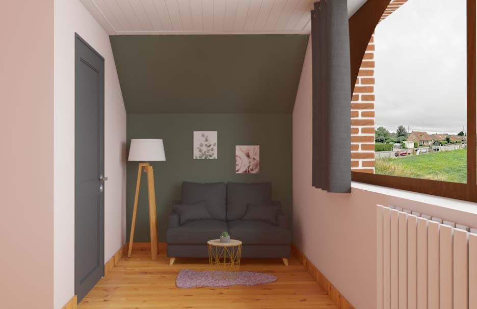 Inspiration pour une grande chambre parentale ethnique avec un mur vert, sol en stratifié et un plafond en bois.
