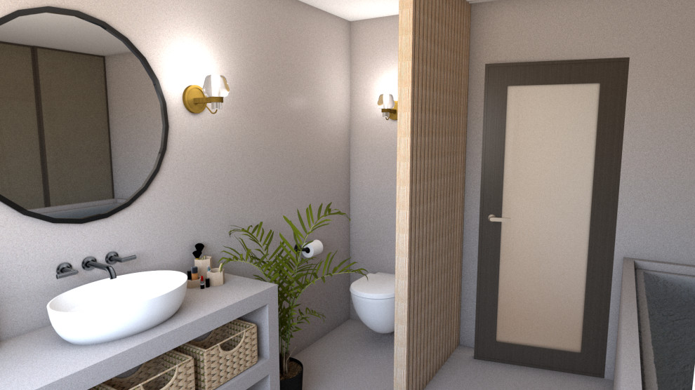 Inspiration for a medium sized scandinavian ensuite bathroom in London with open cabinets, beige cabinets, a built-in bath, a shower/bath combination, a one-piece toilet, beige walls, concrete flooring, a vessel sink, concrete worktops, beige floors, a sliding door, beige worktops, an enclosed toilet, a single sink and a built in vanity unit.