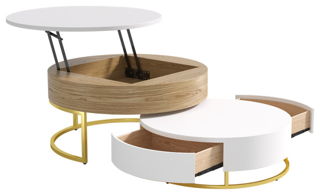 Nesnesis Modern Round Lift-top Nesting Wood Coffee Table with Drawers, White/Natural