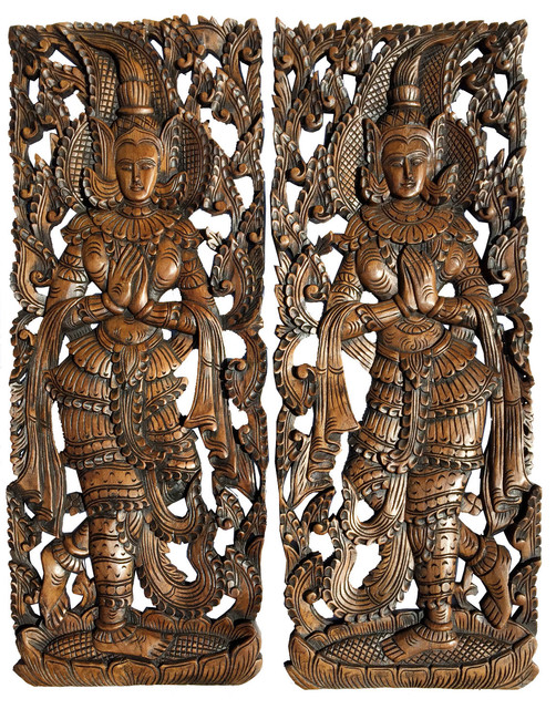 Set Of 2 Traditional Thai Sawaddee Welcome Figure Wall Art Sculpture Panels Asian Accents By Asiana Home Decor Houzz - Thai Wood Wall Decor
