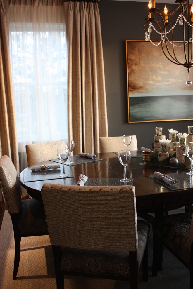 Mid-sized transitional separate dining room in New York with grey walls and dark hardwood floors.