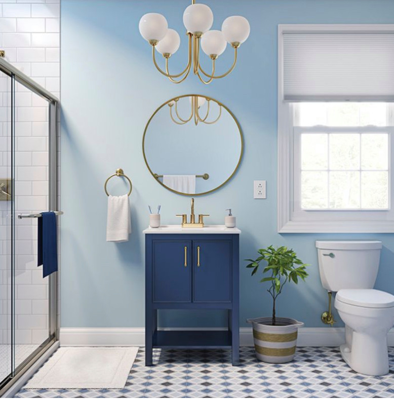 This is an example of a mid-sized transitional master bathroom in Miami with recessed-panel cabinets, blue cabinets, a freestanding tub, an open shower, a two-piece toilet, blue tile, terra-cotta tile, blue walls, terra-cotta floors, a drop-in sink, engineered quartz benchtops, blue floor, an open shower and white benchtops.