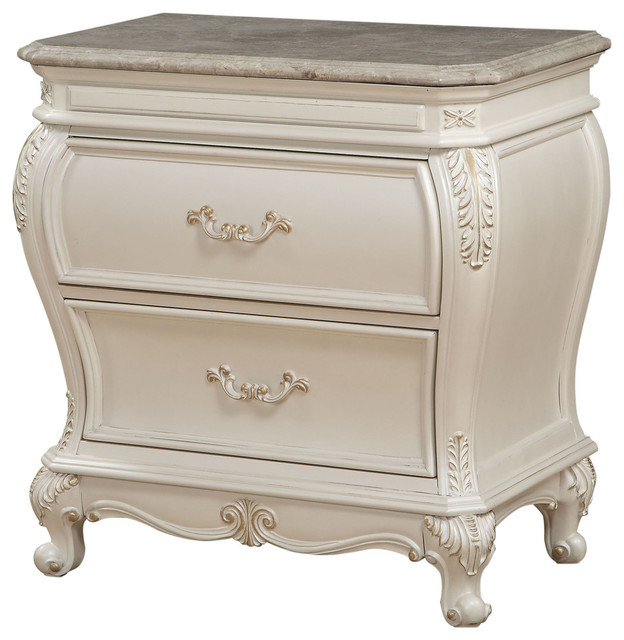 Chantelle Nightstand With Granite Top, Pearl White Victorian