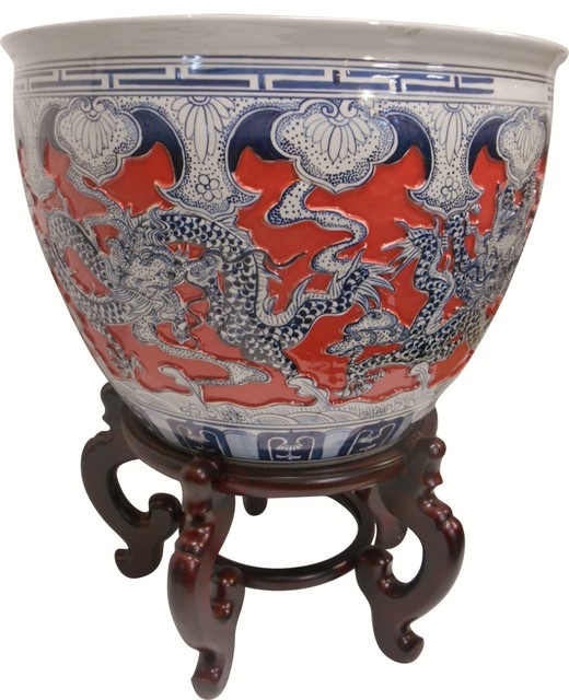 Carved Chinese Porcelain Dragon Fish Bowl Imperial Coral Glaze Asian Decorative Bowls by