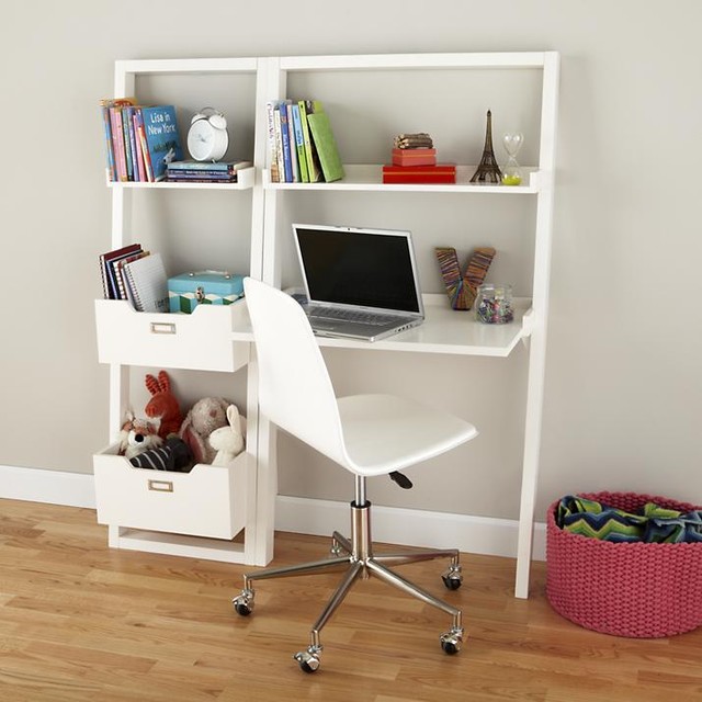 Guest Picks Gear Up For Back To School, White Little Sloane Leaning Bookcase Bins