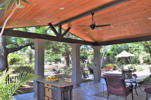 Stained Wood Ceiling And Fan Rustic Patio Orange
