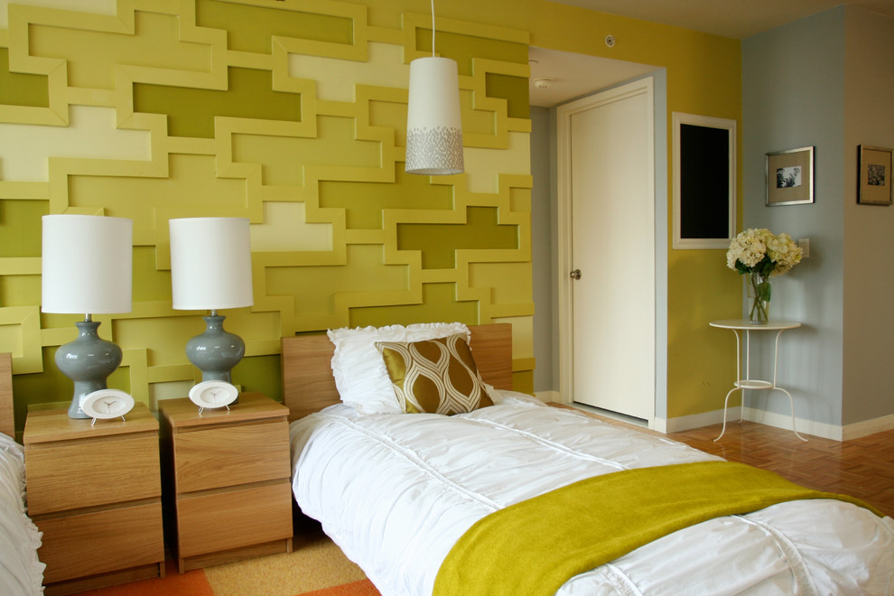 Bedroom - contemporary guest medium tone wood floor bedroom idea in New York with no fireplace