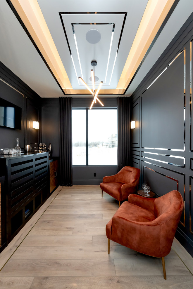 Expansive contemporary u-shaped dry bar in Other with no sink, open cabinets, black cabinets, black splashback, light hardwood flooring, brown floors and black worktops.