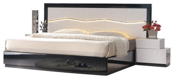 J M Turin Black White Lacquer Queen Size Bedroom Set With Accent Lighting