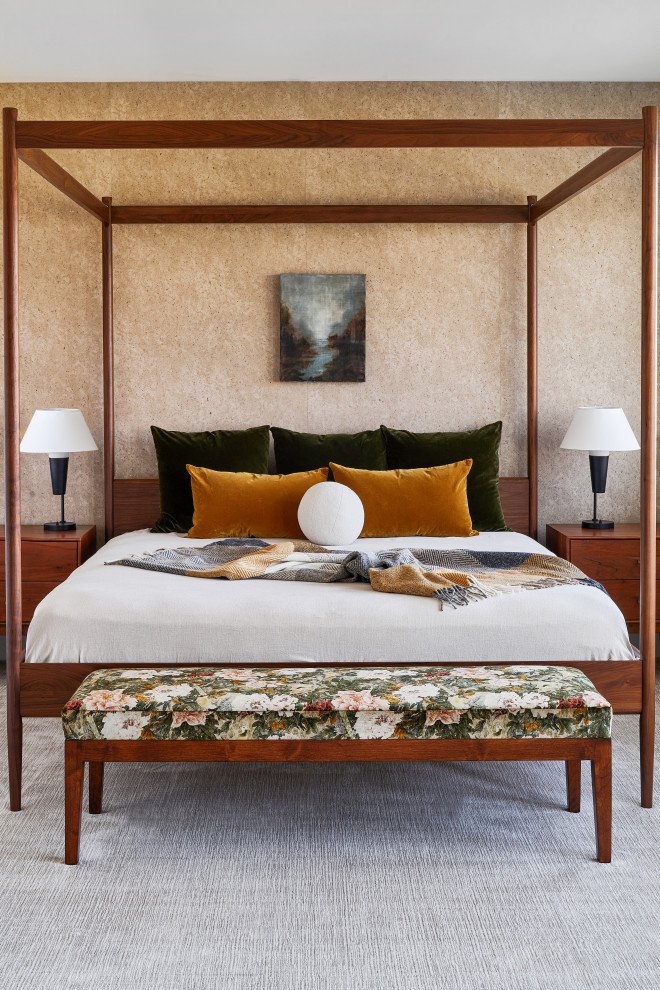Immagine di una camera da letto moderna con moquette e pavimento bianco