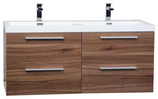 Wall Mounted Double Bathroom Vanity, Walnut, 47"