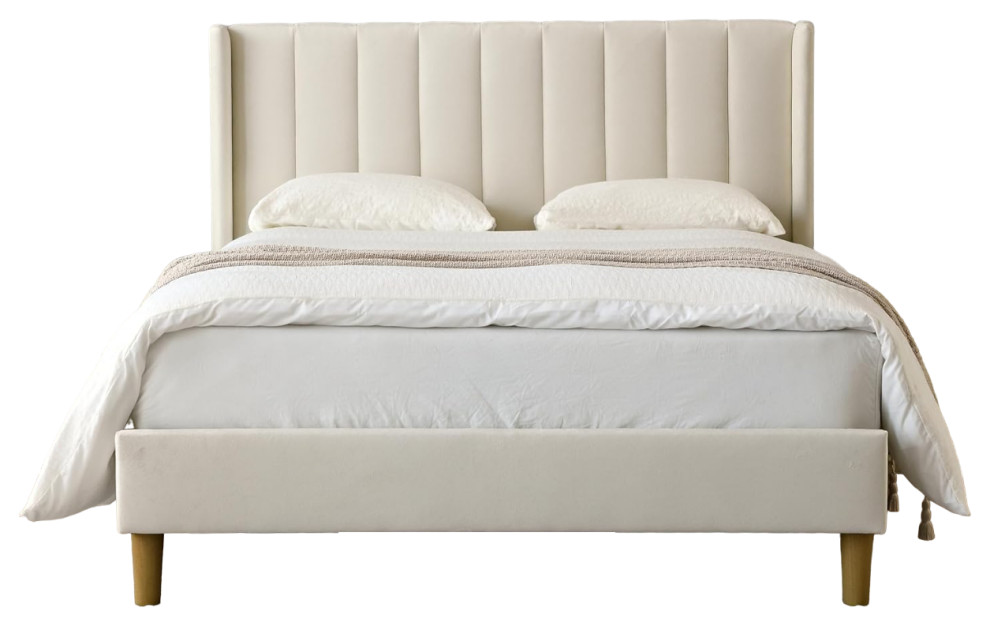 Modern Platform Bed, Flannel Upholstered Wingback Headboard, Cream/King