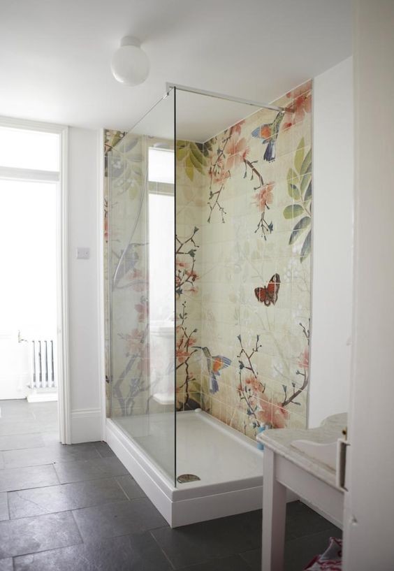 This is an example of a large contemporary 3/4 bathroom in Cologne with open cabinets, a freestanding tub, an open shower, multi-coloured tile, porcelain tile, cement tiles, a vessel sink, grey floor and an open shower.