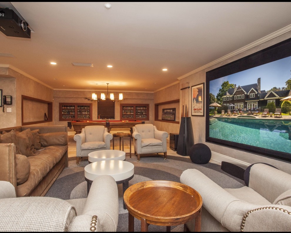 Traditional home theatre in New York with brown walls and a projector screen.