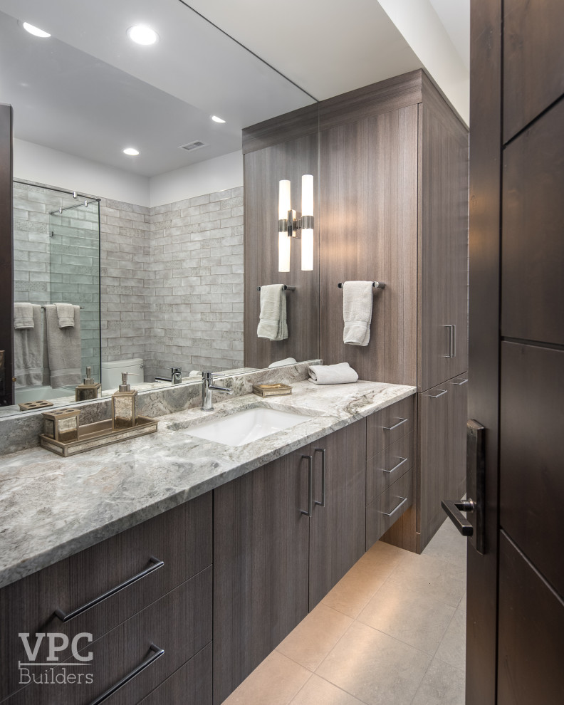 Photo of a medium sized contemporary shower room bathroom in Charlotte with brown cabinets, a submerged bath, grey tiles, mosaic tile flooring, an integrated sink, beige floors, a hinged door, white worktops, a single sink, a floating vanity unit and a wood ceiling.
