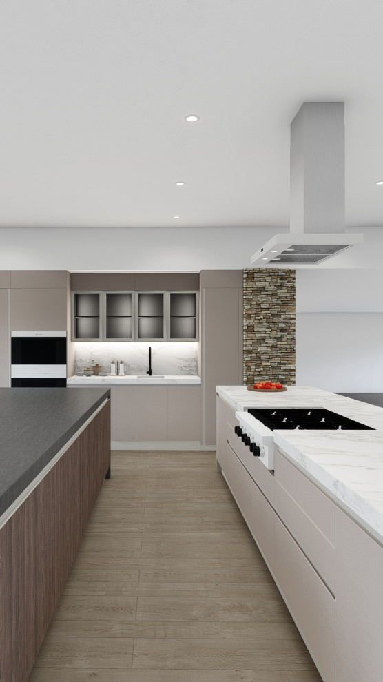 Eat-in kitchen - mid-sized modern u-shaped eat-in kitchen idea in Phoenix with a drop-in sink, flat-panel cabinets, beige cabinets, quartz countertops, paneled appliances and two islands