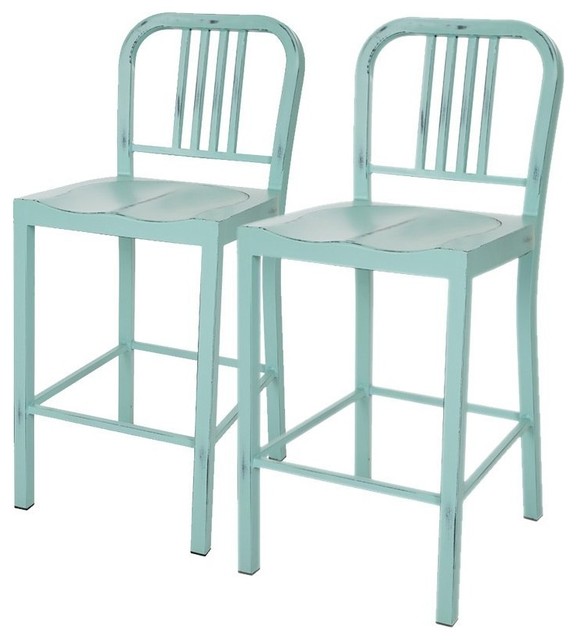 Vintage Style Metal Counter Stools, Set of 2, Mint Green