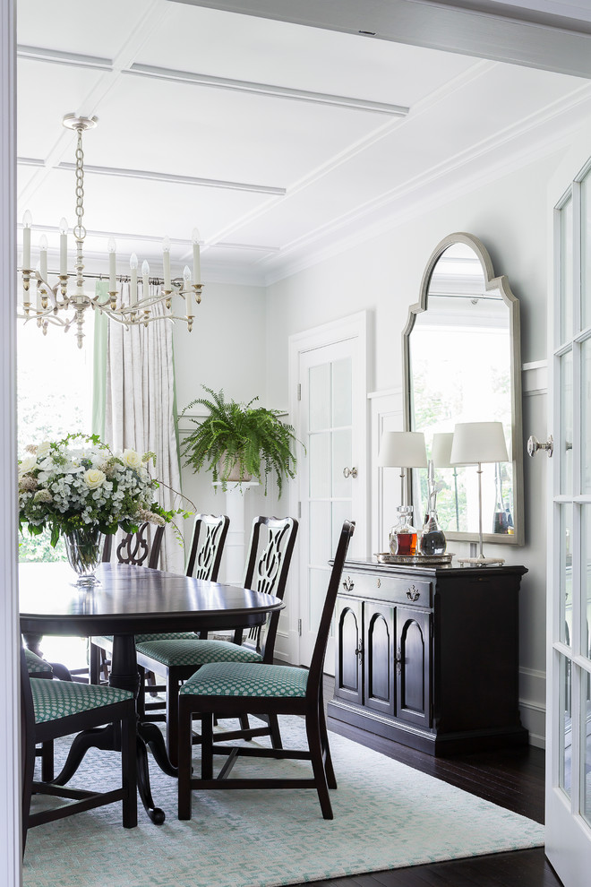 Inspiration for a traditional separate dining room in Sydney with white walls and dark hardwood floors.