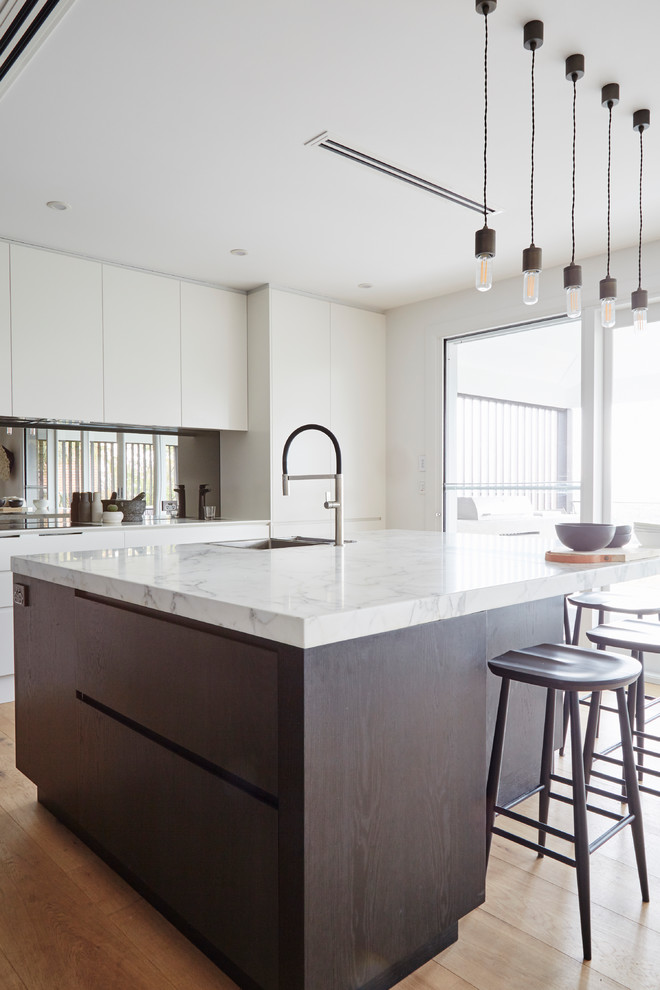 This is an example of a large l-shaped kitchen pantry in Sydney with an integrated sink, flat-panel cabinets, dark wood cabinets, marble benchtops, metallic splashback, mirror splashback, black appliances, light hardwood floors, with island and brown floor.