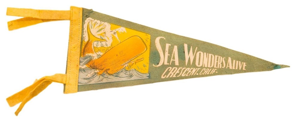 Consigned, Vintage Sea Wonders Alive, Crescent, Cali Felt Flag Pennant, 5"x11"