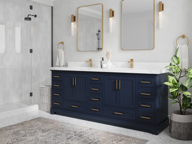 Fenway 84" Double Sink Bath Vanity in Navy Blue 2" Calacatta Gold, 84 ...