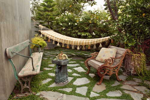 Outdoor patio with vintage furniture