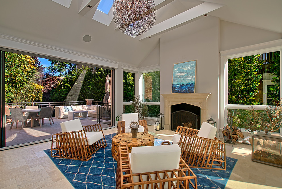 Inspiration for a large transitional formal open concept living room in Chicago with travertine floors, a standard fireplace, a stone fireplace surround, no tv, white walls, beige floor and vaulted.