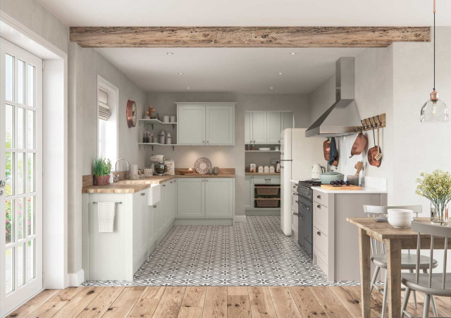 Bevel Edged Shaker-Style Kitchen painted Porcelain and Cashmere. trendy-koekken
