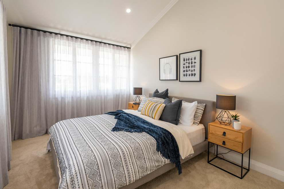 This is an example of a large contemporary guest bedroom in Brisbane with carpet and beige floor.