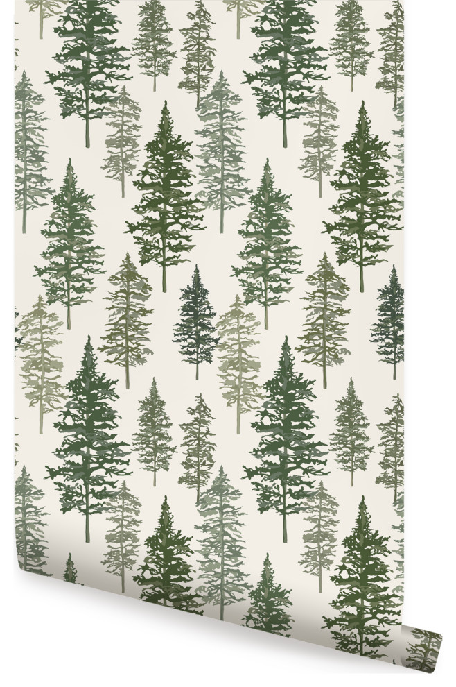 Illustrated Evergreen Forest Peel and Stick Vinyl Wallpaper, 24" X 60" Rustic Wallpaper by