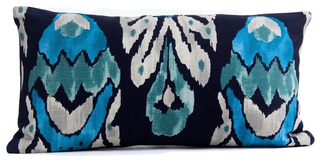 Lumbar ethnic Ikat pillow cover, Vervain fabric, designer pillow cover, 14x24