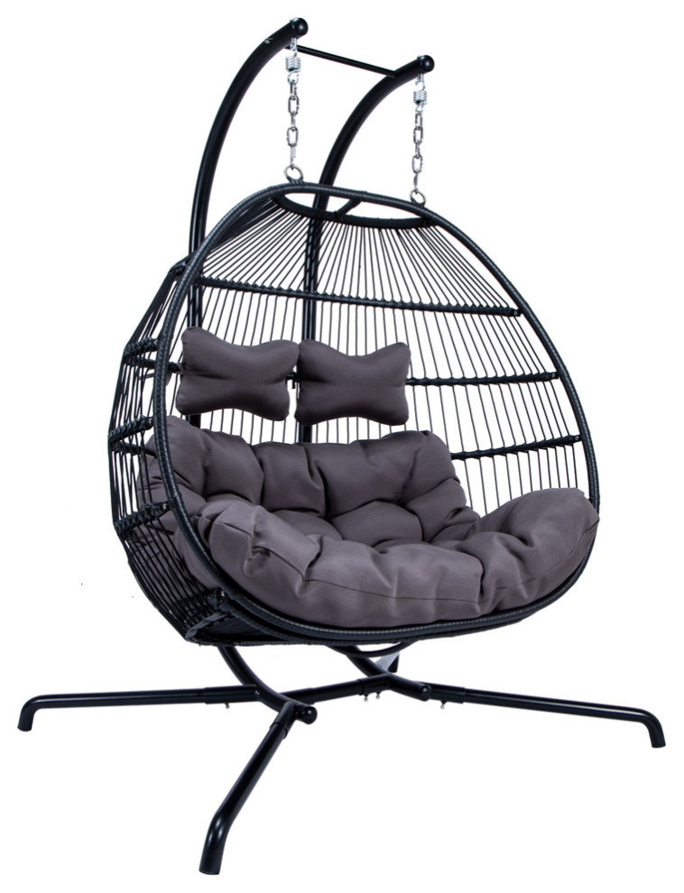 LeisureMod Wicker Folding Hanging Double Egg Swing Chair In Charcoal