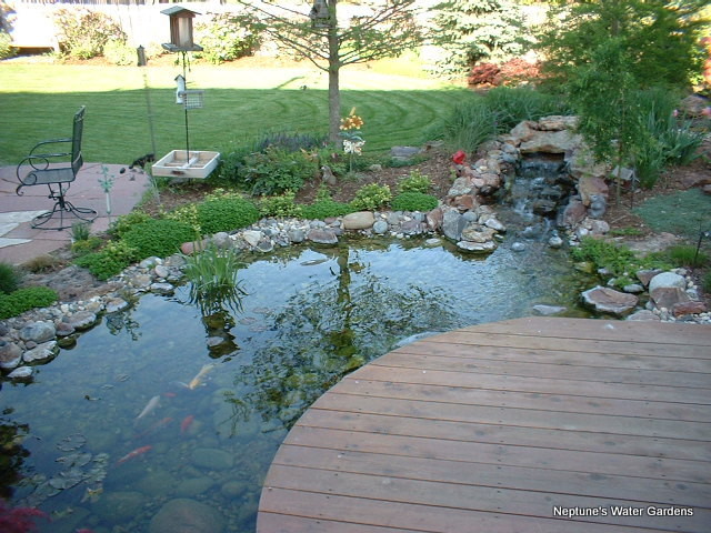 Photo of a large country garden in Omaha with a water feature.