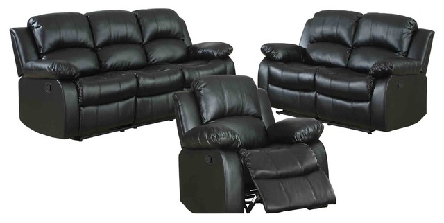 3-Piece Ciabola Set Double Recliner Sofa, Love Seat, Chair, Black ...