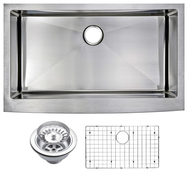 Corner Radius Single Bowl Apron Front Sink With Drain, Strainer