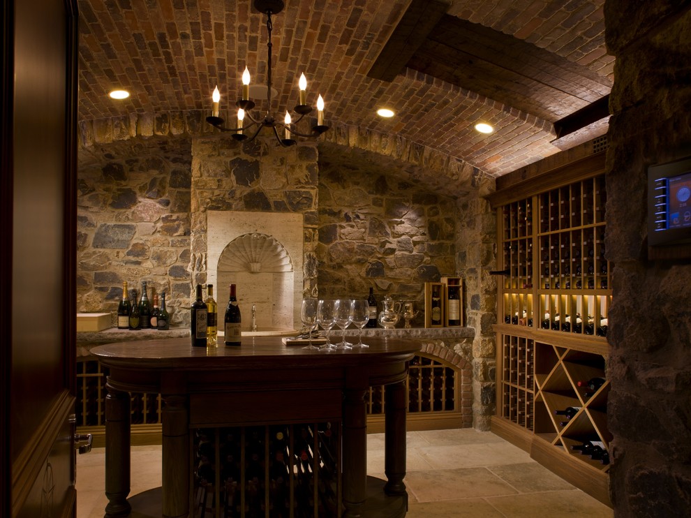 Inspiration for a mid-sized traditional wine cellar in Providence with storage racks.