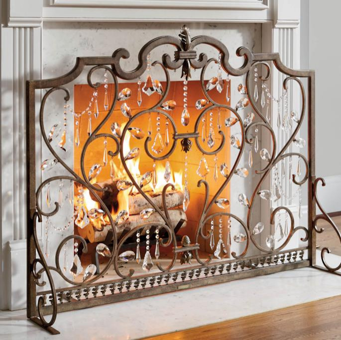 Fireplace screen with crystals