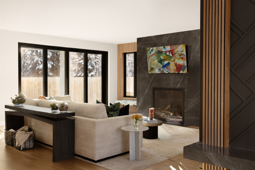 Contemporary Living Room Design with Black Marble Fireplace ...