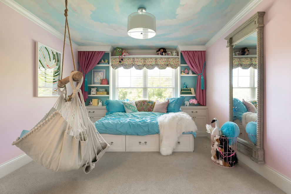 Colorful Traditional - A growing young family with two daughters, this couple hired Brandi to complete their home’s interior decor. She loved working with these fantastic clients – they eagerly embraced a playful use of color and bold design choices! Finished in a colorful traditional style, this home is full of timeless architecture mixed with modern details. From a navy and bright orange office to a green floral dining room, each room on the main floor makes a unique statement but flows together through similar artwork and rugs. Upstairs, the master bedroom is a serene sanctuary. Brandi added wood beams, handmade wall coverings, and an extra custom-built closet. The two girls’ bedrooms are all about fun trends, personalized touches, and plenty of storage for their many prized possessions.
