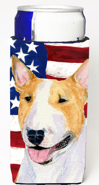 USA American Flag with Bull Terrier Ultra Beverage Insulators for slim cans SS4